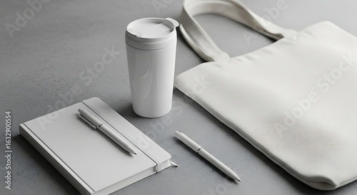 Minimalist Workspace with Eco-Friendly Essentials on a Gray Surface Still Life