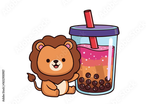 Cartoon Lion with Brown Mane and Tail Sitting Next to Drink.