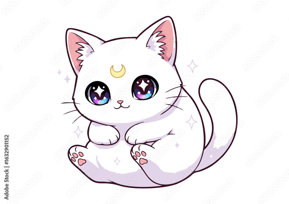 Fototapeta premium Adorable white magical kitten with a crescent moon on its forehead and sparkling galaxy eyes. A cute anime-style vector illustration.