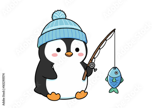 Charming vector illustration of a sweet penguin in a beanie, showcasing a delightful fishing hobby with a freshly caught fish on the hook.
