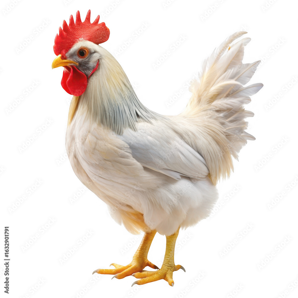 Fototapeta premium A majestic white rooster with a bright red comb isolated on transparent background