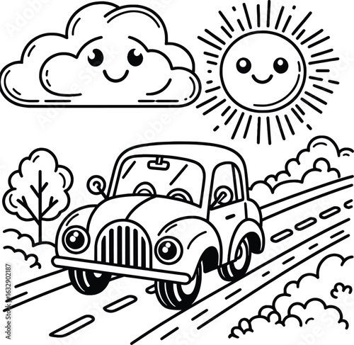 Black and white page of a cartoon car driving on a road with clouds and a sun