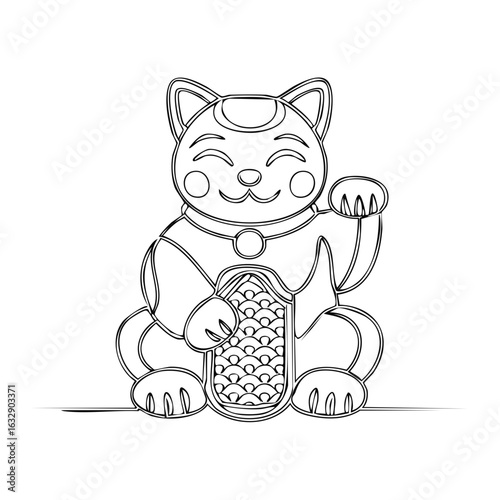 Line art of Maneki Neko, lucky cat, beckoning cat, traditional Asian symbol