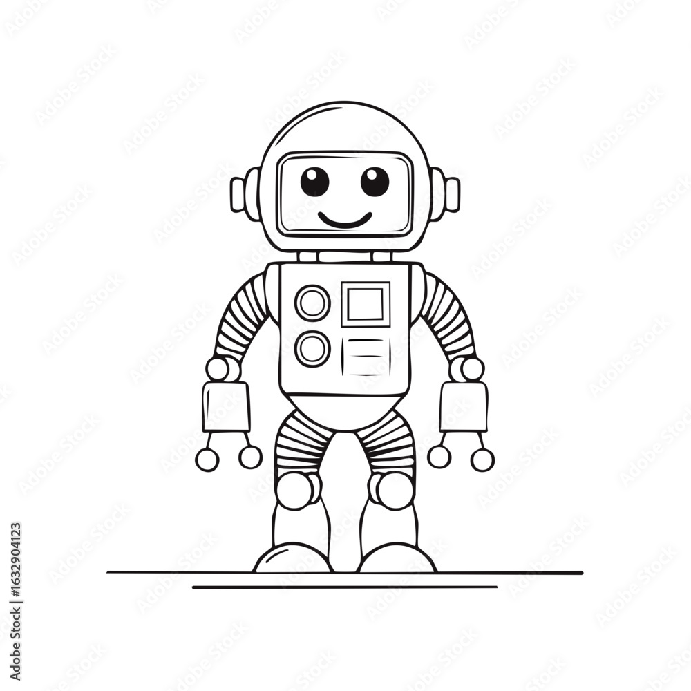 Fototapeta premium Cheerful Robot Illustration Outline Drawing, Sci-Fi Character, Simple and Friendly Design, Technology