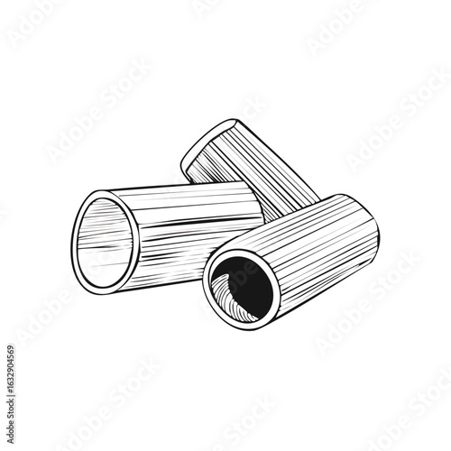 Drawing of rigatoni pasta tubes, black and white food illustration, pasta pieces, noodles
