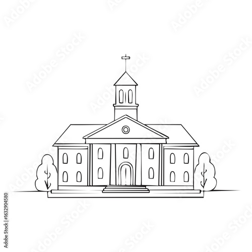 Architectural sketch of a classic courthouse building with a central tower and columns.