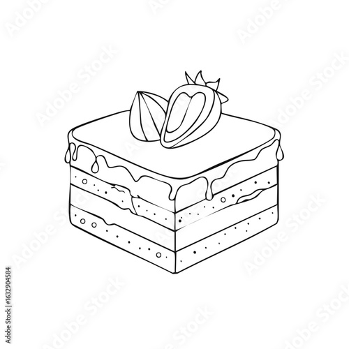 Delicious Cake Layered with Cream and Strawberries Fresh Dessert Outline Drawing, Decorative Design Element