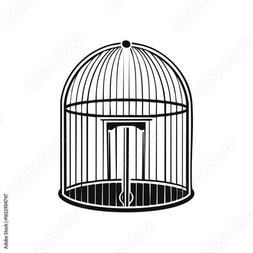 Elegant Bird Cage Vector Illustration with Door and Rounded Top Simple Black and White Design