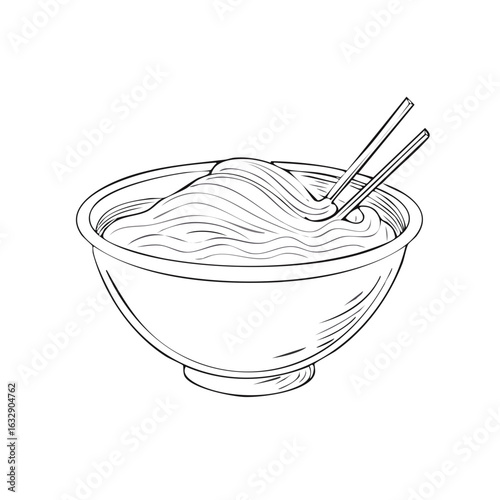 Traditional Asian ramen noodles with chopsticks in a bowl line art illustration