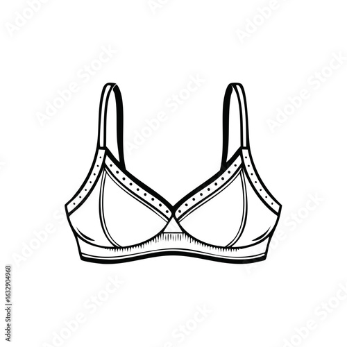 Black and white line art illustration of a female bra undergarment fashion apparel item