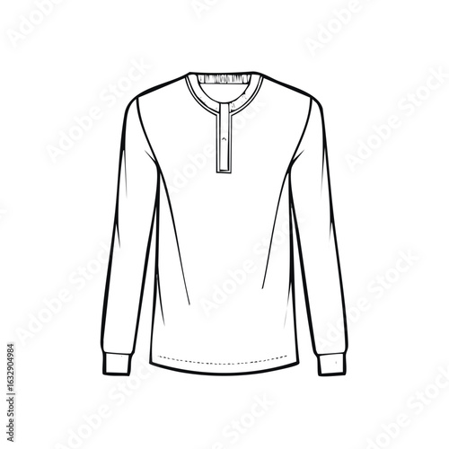 Henley shirt design technical drawing, long sleeves, front button, blank template
