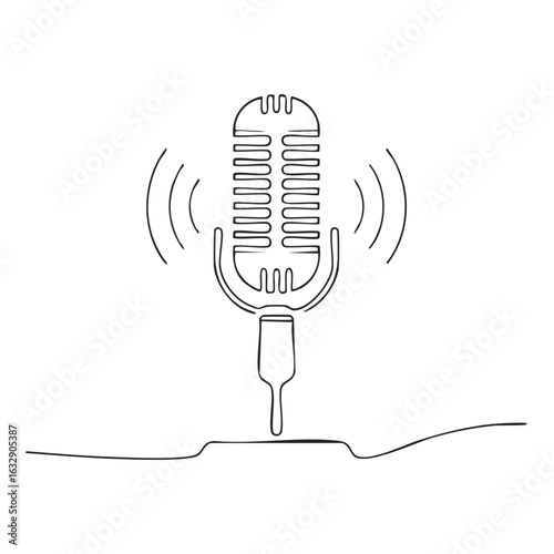 Retro microphone with sound waves graphic art line drawing symbolizing broadcasting and audio