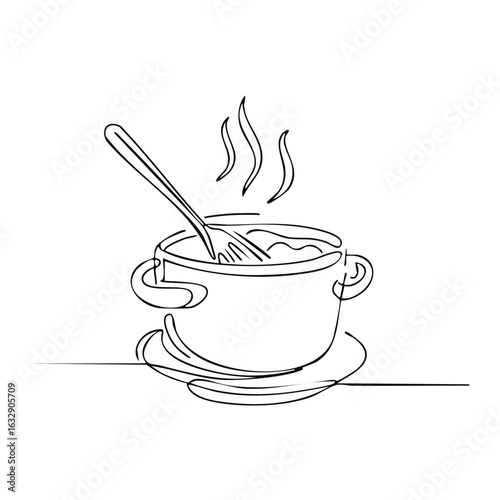 Steaming Bowl of Soup with Fork Continuous Line Art, Restaurant Serving, Culinary
