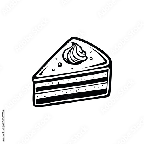 Sweet dessert cake slice with frosting layers and sprinkles monochrome illustration