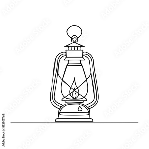 Single line drawing of a classic kerosene lantern with a flame inside and a handle