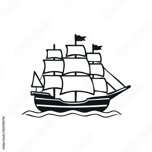Traditional three masted sailing ship with full sails cruises on ocean waves simple black and white icon