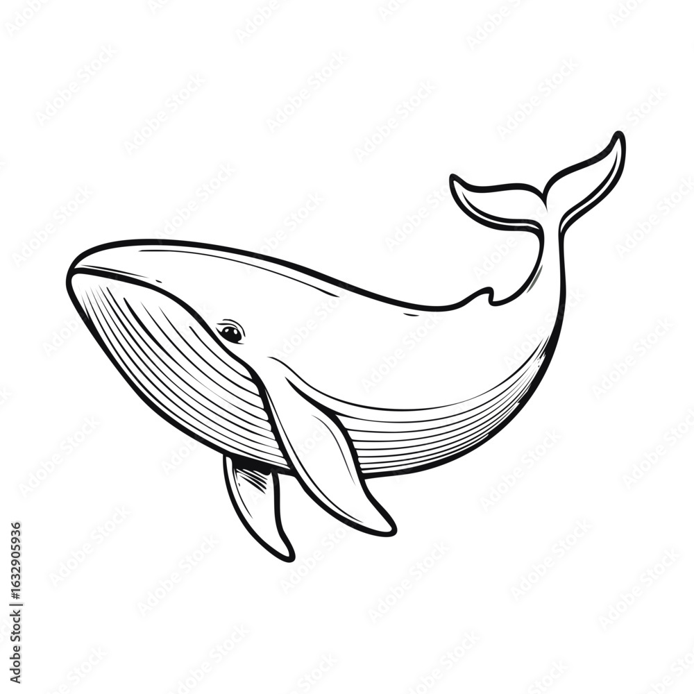 Fototapeta premium Detailed black and white illustration of a whale. Artistic marine mammal design. Ocean animals detailed line art. Graceful underwater wildlife drawing.
