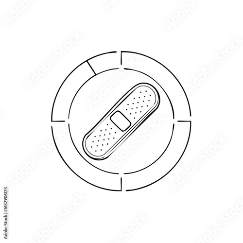 Line art band aid centered in circle, first aid, medical treatment, wound care, simple minimalistic