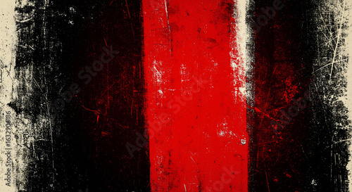 Grungy abstract background featuring a vibrant red vertical stripe centered between dark black and distressed off-white edges. This heavily textured, scratched, and worn design evokes a raw, urban