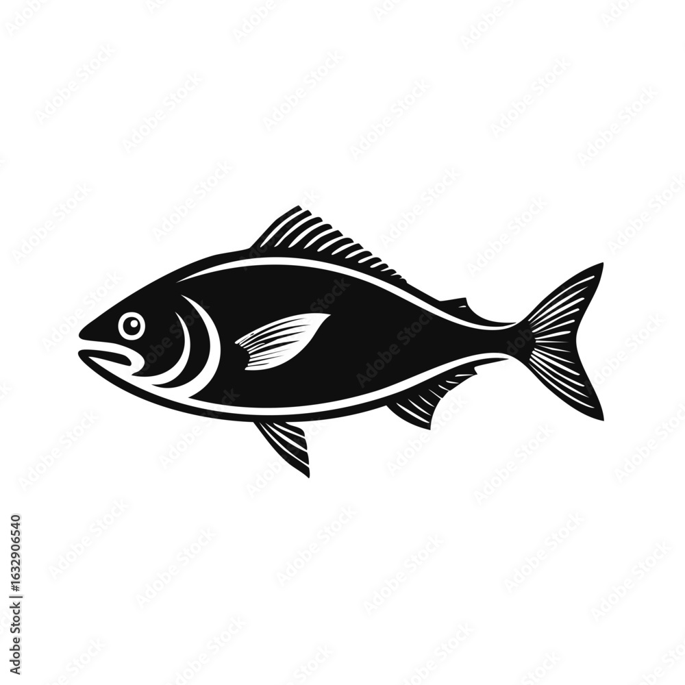 Fototapeta premium Stylized black and white illustration of a fish swimming, showing its scales and fins.