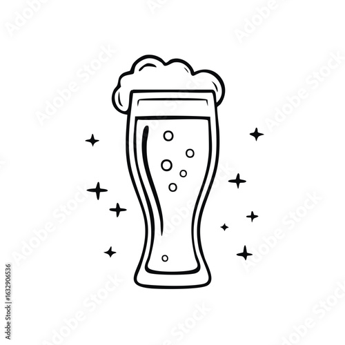 Hand drawn outline illustration of a frothy beer glass with sparkling effervescent bubbles
