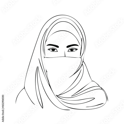 Veiled Woman Illustration Simple Linear Art Style Graphic Portrait Black Line Drawing