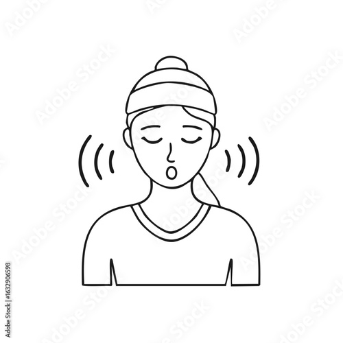Simple line art icon of a person singing or vocalizing with sound waves emanating from their head