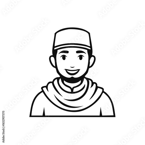 Smiling Muslim man in traditional Kufi hat and garment line art illustration displaying happiness