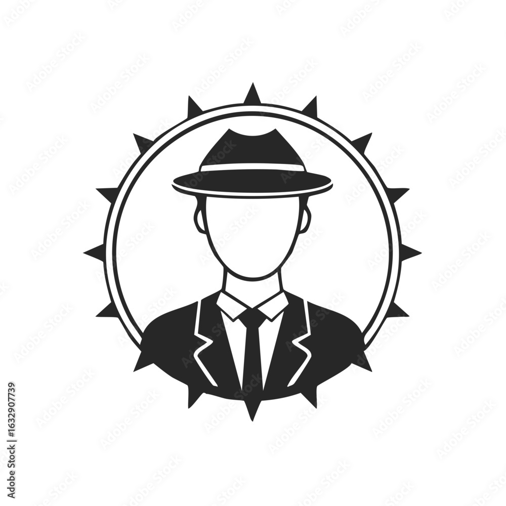 Stylized male figure in a suit and fedora hat within a circular emblem Stylized male figure in a suit and fedora hat within a circular emblem