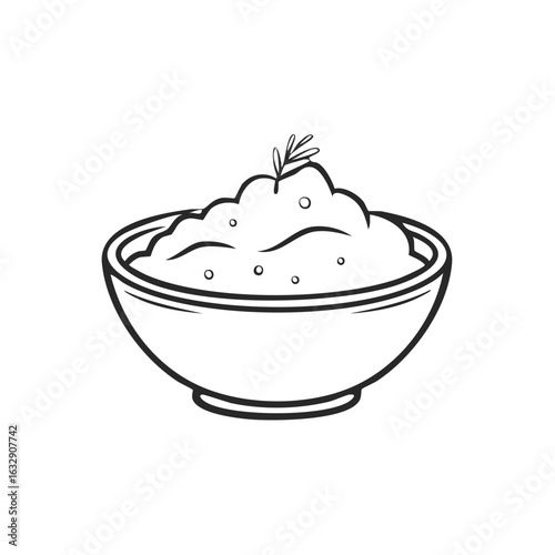 Hand Drawn Mashed Potatoes Bowl with Herb Garnish Outline Icon