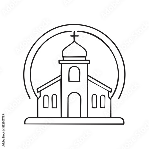 Outline of a church with a dome and cross within a circular frame