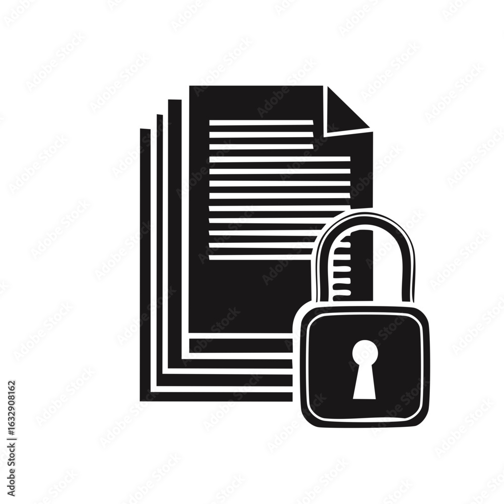 Obraz premium Digital Security Concept with Stacked Paper Documents and a Closed Padlock