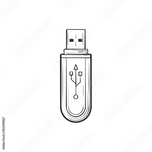 Hand drawn illustration of a USB flash drive with the universal serial bus symbol