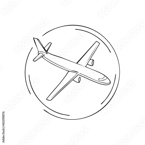 Outline drawing of an airplane with winglets inside a circular motion graphic