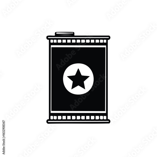 Vintage Film Canister with Star Symbol Icon Monochromatic Cinema Reel Container