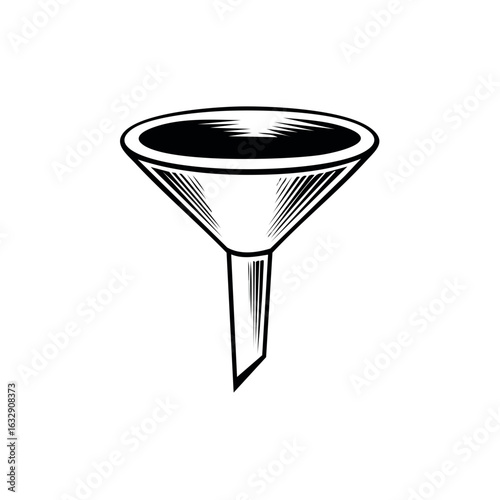 Graphic illustration of a black funnel with a wide opening and narrow spout