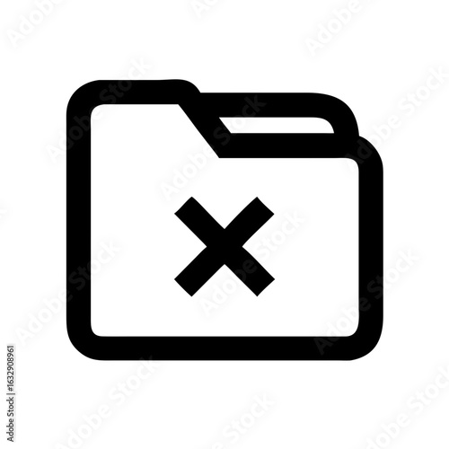 Black outlined folder icon with a bold x symbol in the center on a white background illustration