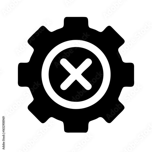 Black gear icon with a white circle and a white x inside the circle on a plain white background view