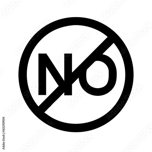 Black no symbol consisting of the letters n and o inside a circle with a diagonal line through it