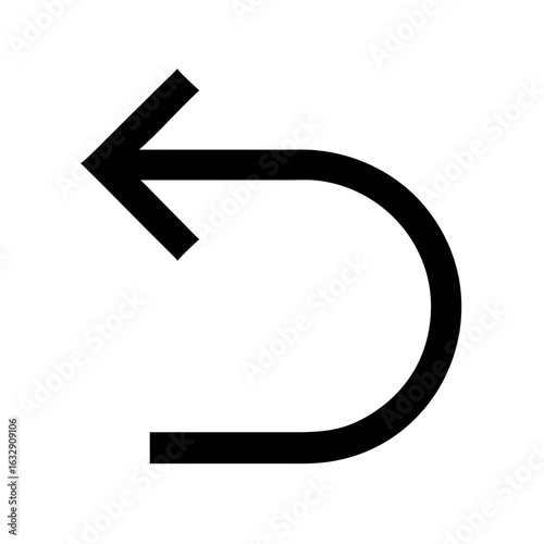 Black arrow pointing left with a u turn shape on a white background in a simple graphic design style
