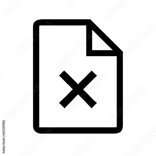 Black outlined document with folded corner and an x mark in the center indicating deletion or removal
