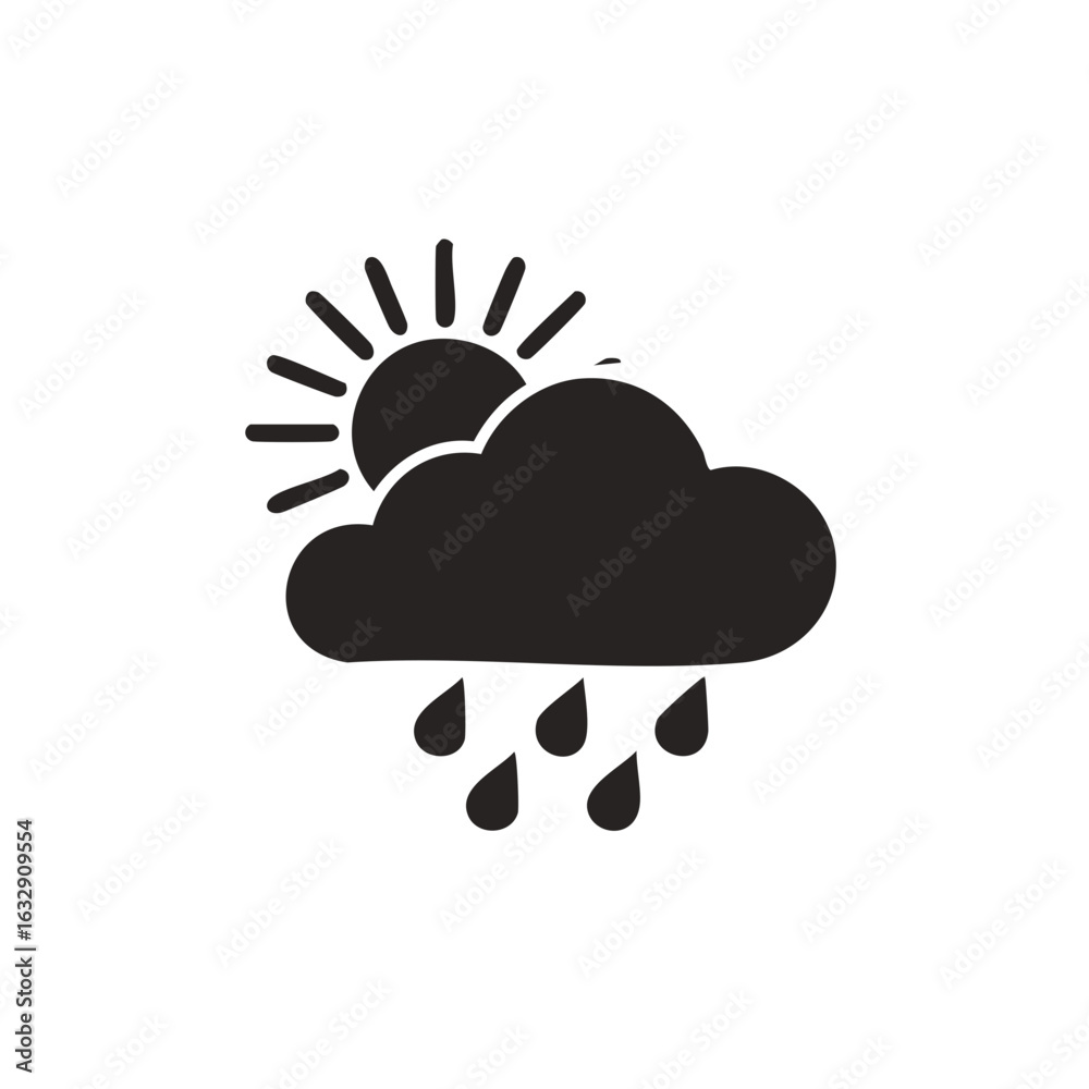 Sun and rain weather icon with cloud and raindrops simple black silhouette Sun and rain weather icon with cloud and raindrops simple black silhouette