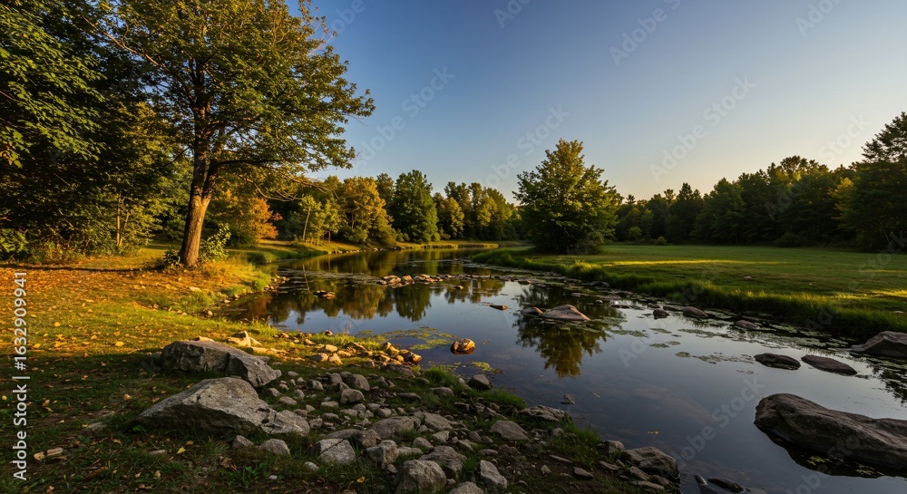 Fototapeta premium a river with rocks in the water and trees in the background
