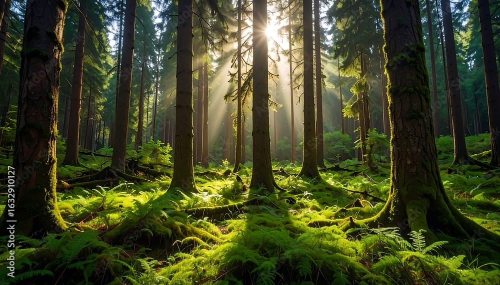 Obraz premium Sunlight streams through a dense forest (3)