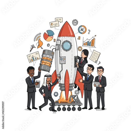 Business Team Launching Rocket to Success, Startup Growth Concept