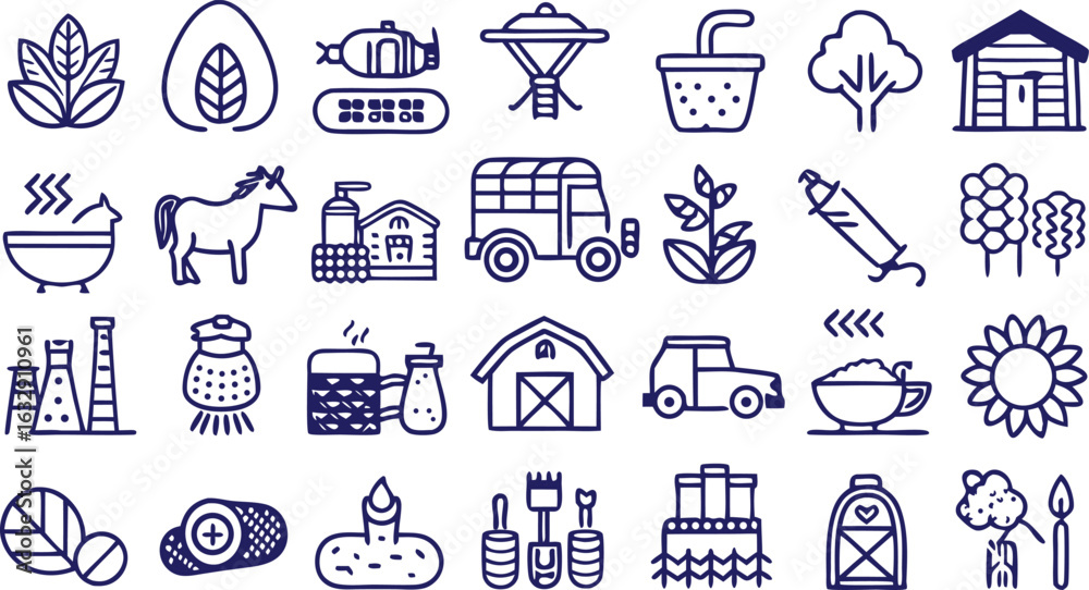 Fototapeta premium Hand Drawn Icons Illustrating Farming Nature and Rural Life leaf plant