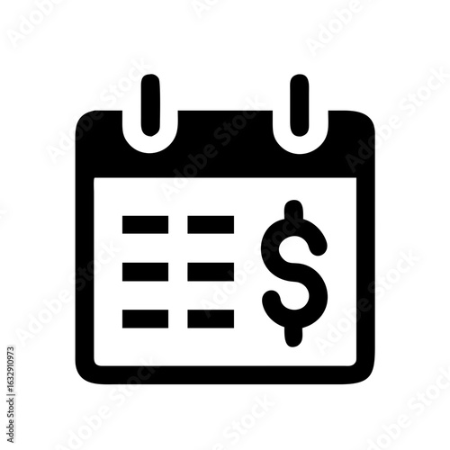 A black calendar icon displaying a dollar sign and horizontal lines representing dates or schedule items