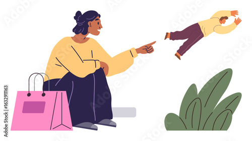 Woman pointing playfully at a tiny, airborne person while sitting beside a pink shopping bag near green plants. Ideal for surrealism, creativity, imagination, fun, storytelling, humor, relationships
