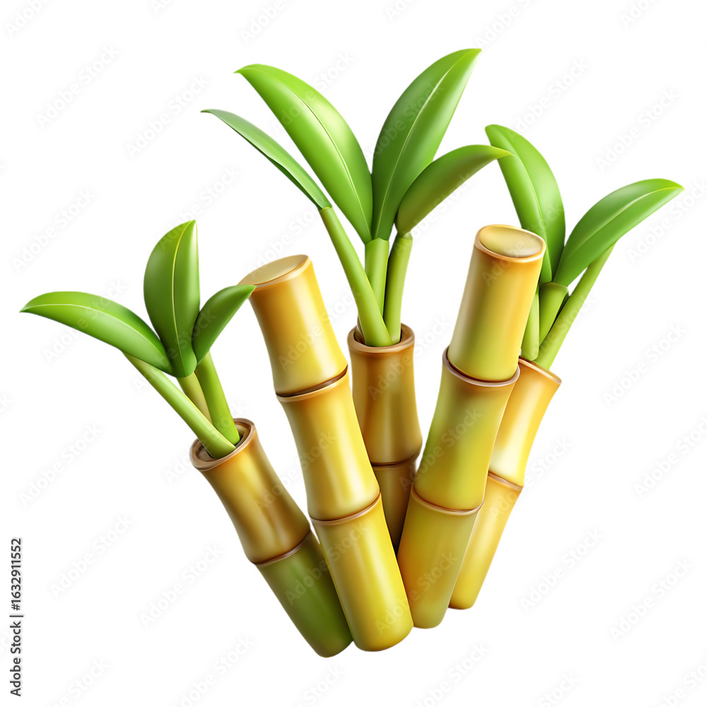 Fototapeta premium Fresh sugarcane stalks with green leaves isolated on transparent background