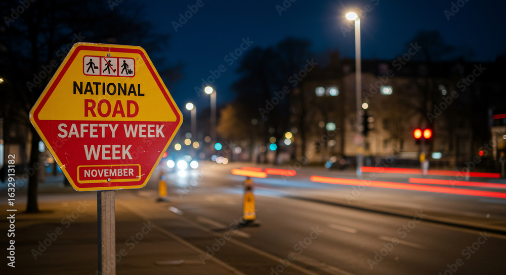 National Road Safety Week sign on an urban street at night with dynamic long exposure light trails, emphasizing awareness for safe transportation National Road Safety Week sign on an urban street at night with dynamic long exposure light trails, emphasizing awareness for safe transportation